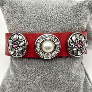 Pink Leather Floral Rhinestone Faux Pearl Silver Tone Charms Wide Band Bracelet